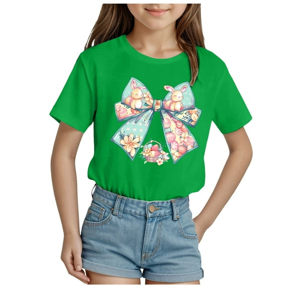ZTKWD Girls Tops Fashionable Short Sleeve T-Shirt Casual Daily Shirt for Kids Assorted Colors 5-14 Years Easter bow