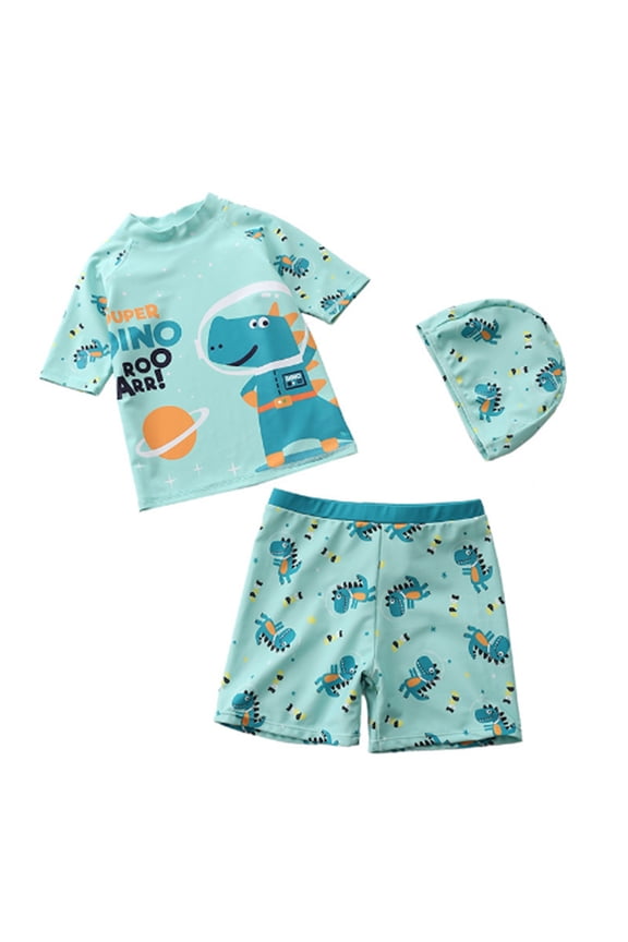 Little Boys Pullover Rash Guard and Swim Trunks Outfit Set Cool Dinosaur Shark