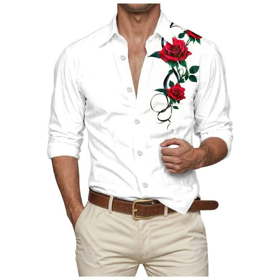 ZTKWD Mens Dress Shirts Hipster Rose Floral Printed Slim Fit Long Sleeve Button Down Dress Shirts