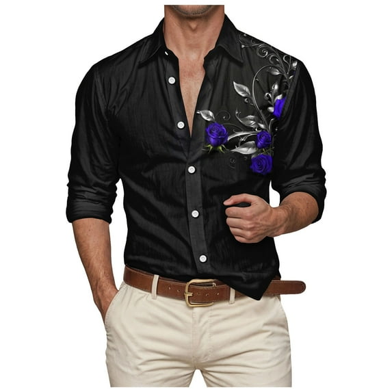 ZTKWD Mens Dress Shirts Hipster Rose Floral Printed Slim Fit Long Sleeve Button Down