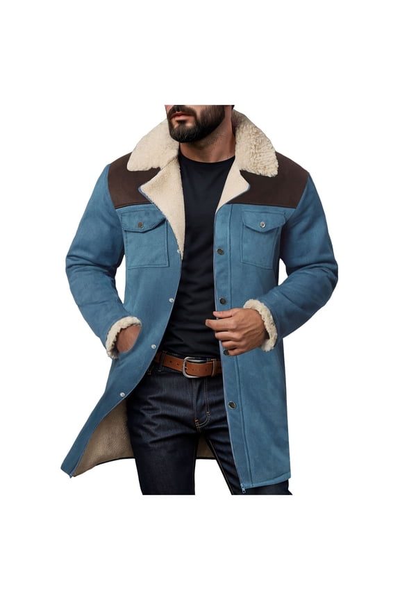 Mens Jacket Western Cowboy Vintage Jacket Long Trench Coats Zip Up Plush Collar Cowboy Peacoat Retro Tops