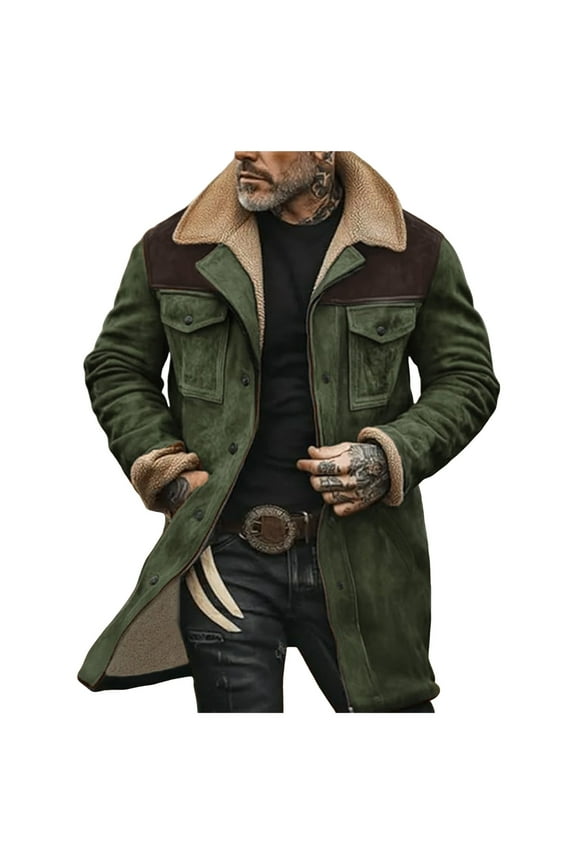 Mens Western Cowboy Jacket Long Trench Coats Vintage Jacket Zip Up Plush Collar Cowboy Peacoat Retro Tops