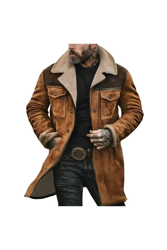 Mens Western Cowboy Jacket Vintage Jacket Long Trench Coats Plush Collar Zip Up Cowboy Peacoat Retro Tops