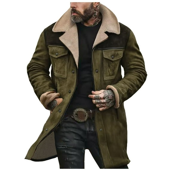 ZTKWD Mens Jacket Western Cowboy Vintage Jacket Long Trench Coats Zip Up Plush Collar Cowboy Peacoat Retro Tops
