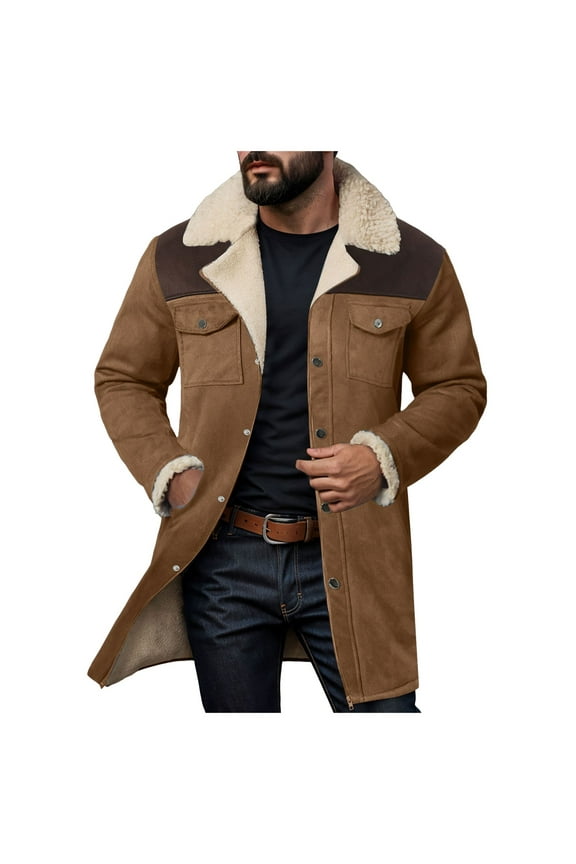Mens Western Cowboy Jacket Vintage Jacket Long Trench Coats Plush Collar Zip Up Cowboy Peacoat Retro Tops