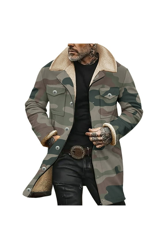 Mens Western Cowboy Jacket Vintage Jacket Long Trench Coats Plush Collar Zip Up Cowboy Peacoat Retro Tops