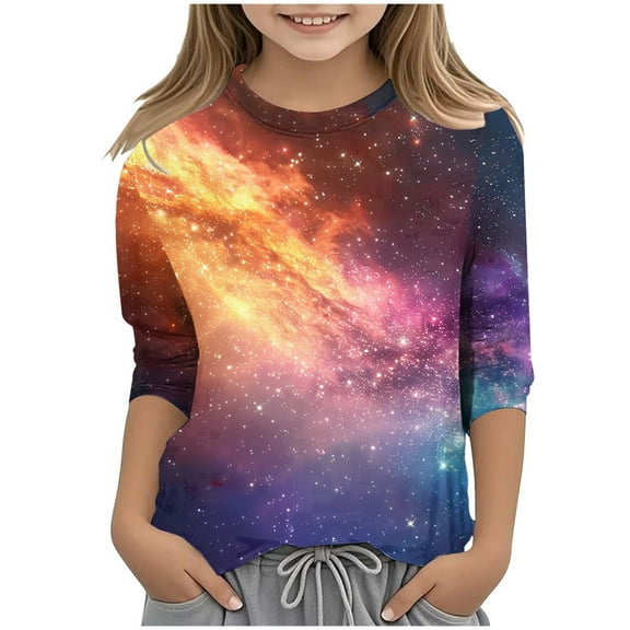 ZTKWD Shirts for Boys Girls Kids Tops 3/4 Sleeve Starry Sky Galaxy Print for Teen and Kids 6-16 Years