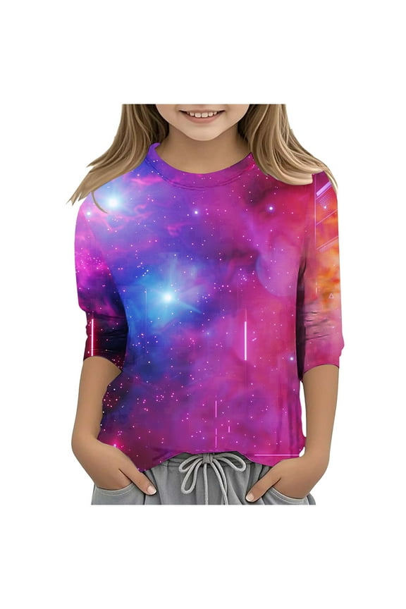 Shirts for Boys Girls Kids Tops 3/4 Sleeve Starry Sky Galaxy Print for Teens 6-16 Years