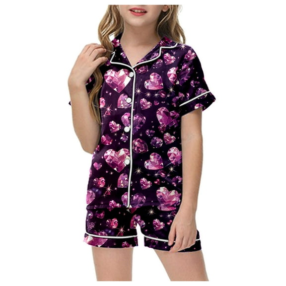 ZTKWD Valentine's Day Girls Womens Pajamas, Satin Silky Pjs Set Kids 2Pcs Button-Down Nightwear Sleepwear Gift Home Love Heart