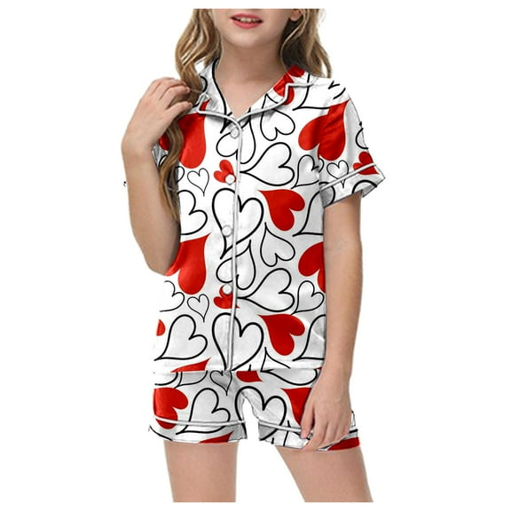 ZTKWD Valentine's Girls Womens Pajamas, Satin Silky Pjs Set Kids 2Pcs Button-Down Nightwear Sleepwear Gift Travel Love Heart