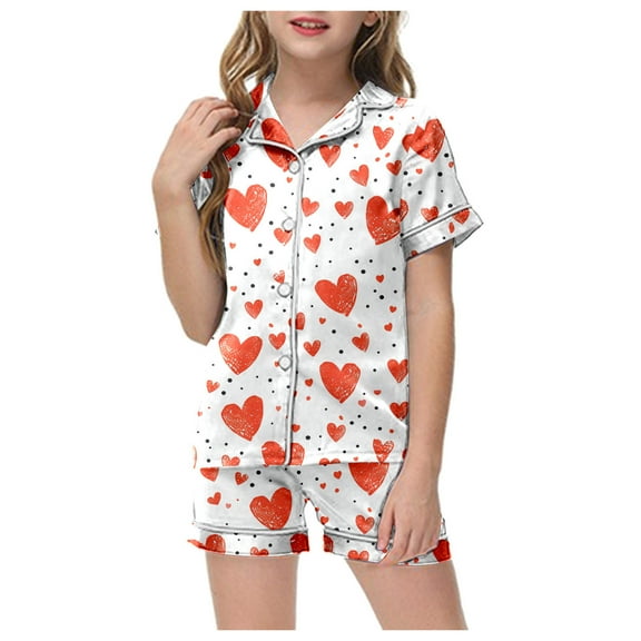 ZTKWD Valentine's Day Girls Womens Pajamas, Satin Silky Pjs Set Kids 2Pcs Button-Down Nightwear Sleepwear Gift Home Pink Love Heart