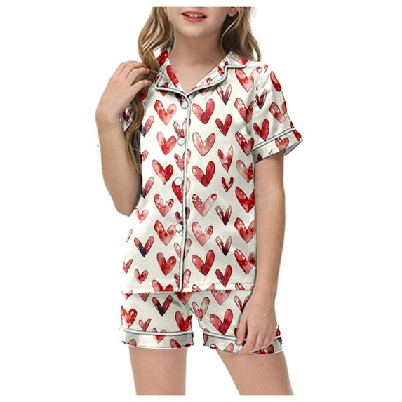 ZTKWD Valentine's Day Girls Womens Pajamas, Satin Silky Pjs Set Kids 2Pcs Button-Down Nightwear Sleepwear Gift Travel Pink Heart