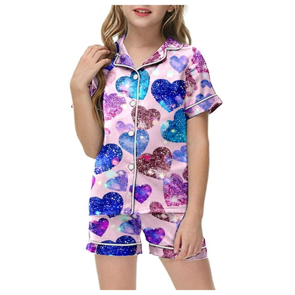 ZTKWD Valentine's Day Kids Satin Pajamas Sets Baby Boy Girl Button-Down Silk Sleepwear 2 Piece Short Sleeve Loungewear Clothes Set Home Love Heart