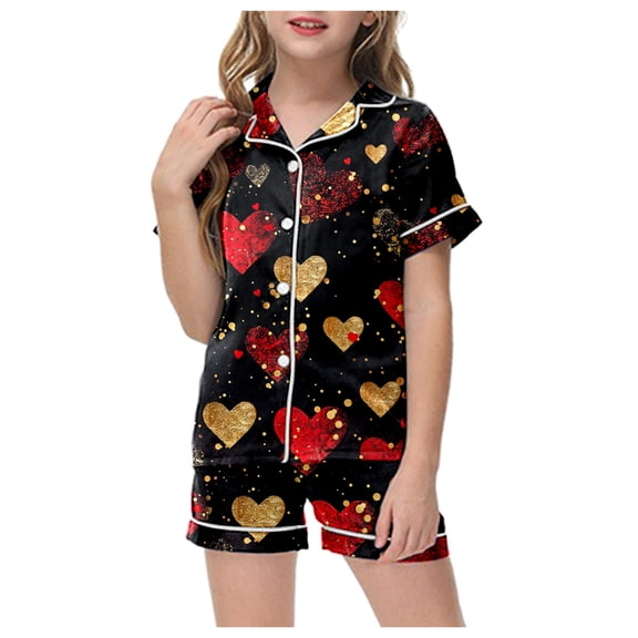 ZTKWD Valentine's Day Girls Womens Pajamas, Satin Silky Pjs Set Kids 2Pcs Button-Down Nightwear Sleepwear Gift Travel Pink Love Heart