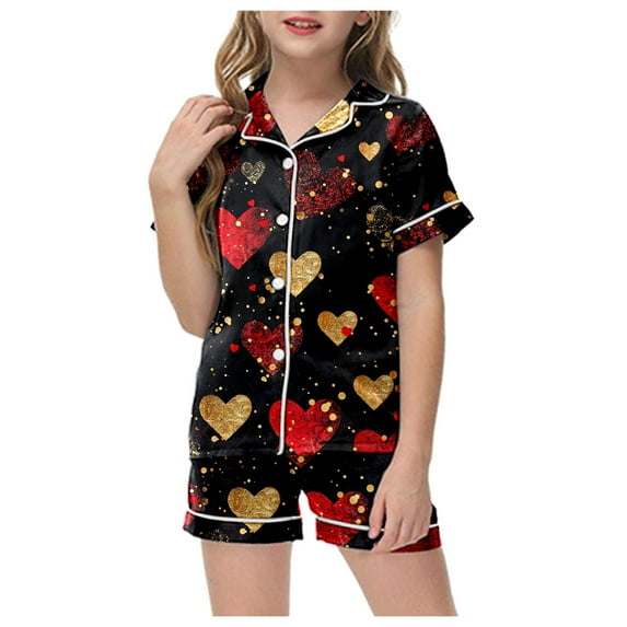 ZTKWD Valentine's Day Kids Girl Pajama Set Girl Satin Silky Button-up Pajama Sleepwear Home Love Heart