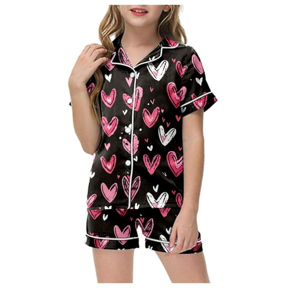 ZTKWD Valentine's Day Kids Girl Pajama Set Girl Satin Silky Button-up Pajama Sleepwear Home Love Heart