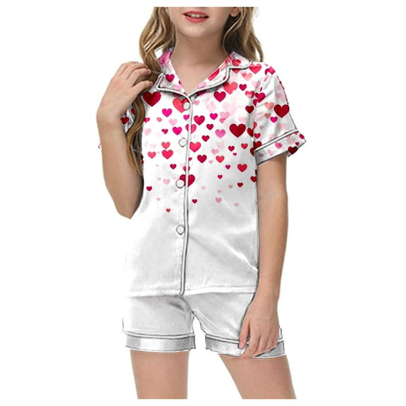 ZTKWD Valentine's Girls Womens Pajamas, Satin Silky Pjs Set Kids 2Pcs Button-Down Nightwear Sleepwear Gift Home Love Heart