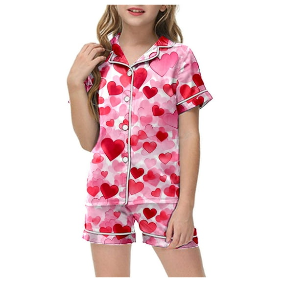 ZTKWD Valentine's Day Girls Womens Pajamas, Satin Silky Pjs Set Kids 2Pcs Button-Down Nightwear Sleepwear Gift Home Pink Love Heart
