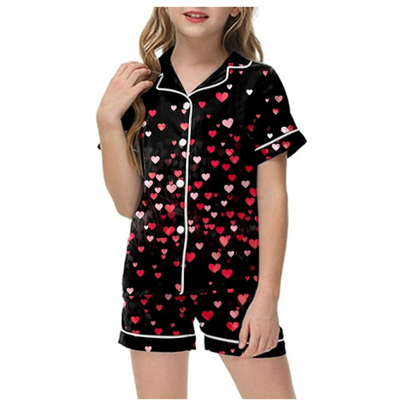 ZTKWD Valentine's Girls Womens Pajamas, Satin Silky Pjs Set Kids 2Pcs Button-Down Nightwear Sleepwear Gift Home Pink Love Heart