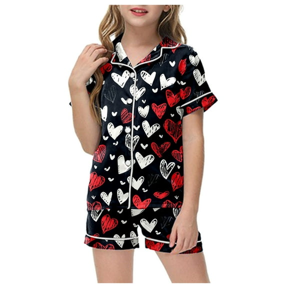 ZTKWD Valentine's Pajama Set for Girl Button-up Silk Pajama Sleepwear Nightwear Loungewear Clothes Set Gifts for Kids Travel Love Heart