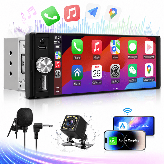 ZTTAOLII Single Din Car Stereo with Wireless Apple CarPlay & Android Auto, 6.28" HD Touchscreen Radio, Bluetooth, Backup Camera, SWC, USB-C, EQ, FM, MP5, Silver