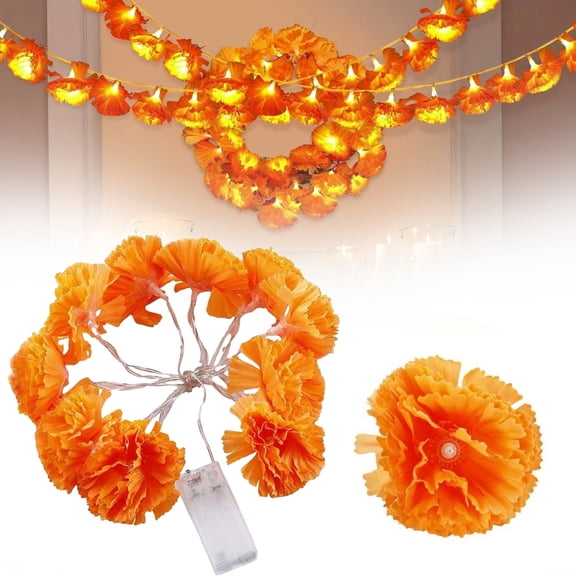 ZTTD 1 Pack Lighted Marigold Garland 10 LED Artificial Marigold Flowers String Lights Dia de Los Muertos Day of The Dead Decorations for Halloween Diwali Indian Party (5 Ft 10 LED)