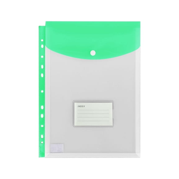ZTTD 1 Pack Plastic Envelopes Binder Pocket 11 Holes Expandable Binder Folders for 2/3/4 Ring Document Pouch with Snap Button & Label Loose-Leaf Transparent for Home Office (Z10-Green)