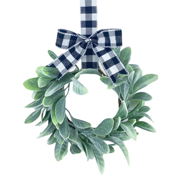 ZTTD 1 Pcs 13inch Mini Lamb Ear Wreaths Artificial Spring Summer Greenery Wreath for Front Door Farmhouse Kitchen Cabinet Wreaths with Ribbon for Porch Wall Window Decor