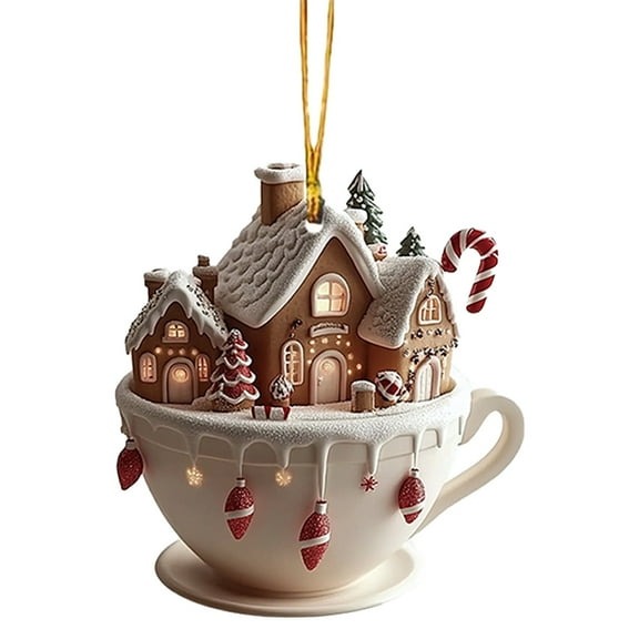 ZTTD 1 Piece Coffee Cup Ornaments for Christmas Tree - Christmas Hot Cocoa Ornaments Hot Chocolate Mug 2D Acrylic Christmas Snow Houses Hot Chocolate Ornaments Christmas Decoration for Christmas Tree