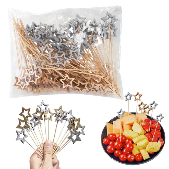 ZTTD 100 Pcs Gold Silver Star Toothpicks, 5.51 Inch Gold Silver Star Cocktail Picks for Appetizers, Long Bamboo Toothpicks, Decorative Toothpicks Skewers for Holiday Birthday Party Decorations