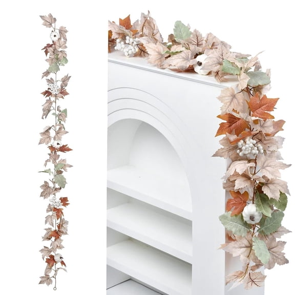 ZTTD 1Pcs Fall Garland Maple Leaf, 5.7FT White Fall Leaves Garland with Pumpkin Berry Fall Decorations for Home and Autumn Decor Mantle Halloween Thanksgiving Christmas Indoor Outdoor Decorations