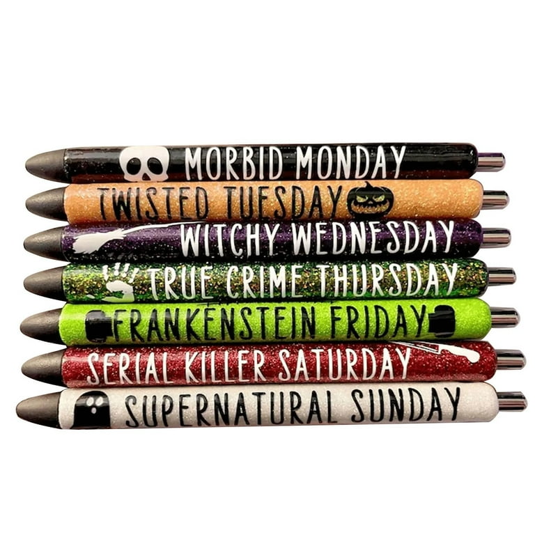 ZTTD 7PCS Funny Pens Halloween Weekday Glitter Pen Set True Crim Witchy  Office Decor Halloween Pens Supernatura L Frankensteine Days Of The Week  Pens