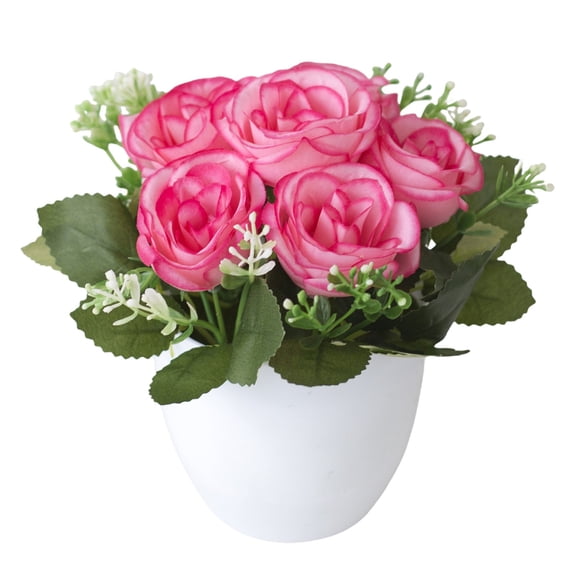 ZTTD Artificial Flowers with Vase, 1Pcs Hot Pink Silk Roses in Pot, Fake Flowers Artificial Plants Indoor for Home Kitchen Office Dining Centerpiece Table Decorations