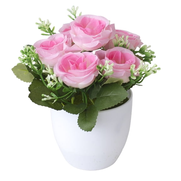 ZTTD Artificial Flowers with Vase, 1Pcs Pink Silk Roses in Pot, Fake Flowers Artificial Plants Indoor for Home Kitchen Office Dining Centerpiece Table Decorations