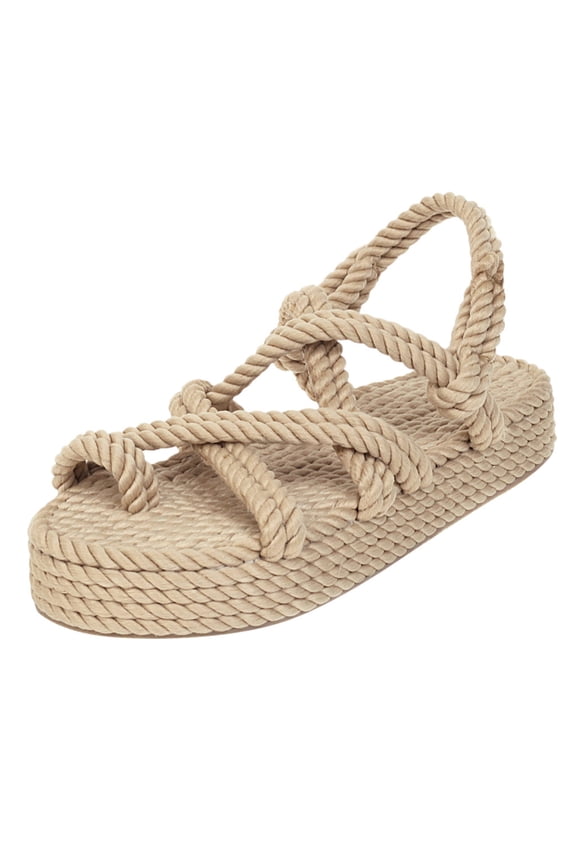 Bohemian Sandals for Women Flat Linen Rope Platform Female Open Toe Slip-On Shoes Beige