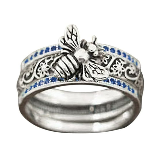 ZTTD Creative Retro Insect Bee Shape Sapphires Blue Diamond Pink Diamond Ring 3 Piece Set, Size 10