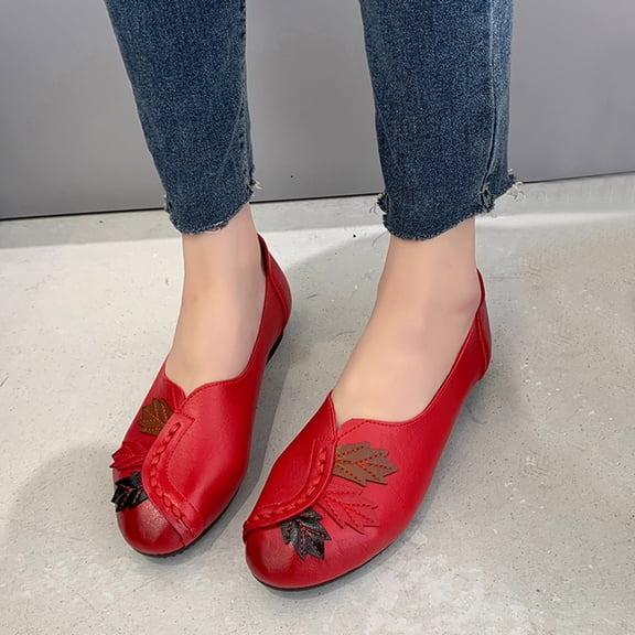 ZTTD Fashion Four Season Women Casual Shoes Flat Round Toe Patchwork Leather Solid Color Leaves Lightweight and Comfortable Slip On