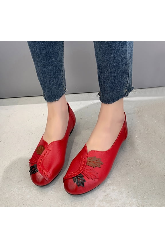 Fashion Four Season Women Casual Shoes Flat Round Toe Patchwork Leather Solid Color Leaves Lightweight and Comfortable Slip On
