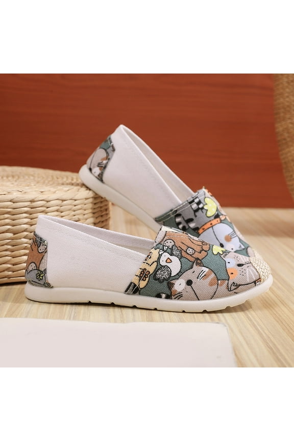Fashion Four Seasons Women Casual Shoes Flat Bottom Round Toe Shallow Mouth Lightweight Cartoon Painted Cat Pattern