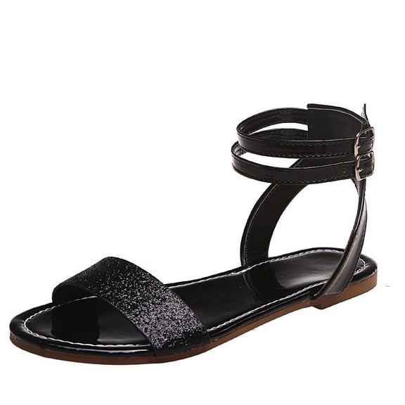 ZTTD Fashion Summer Women Sandals Flat Bottom Light Open Toe Ankle Buckle Solid Color Shiny Comfortable Casual Style Black