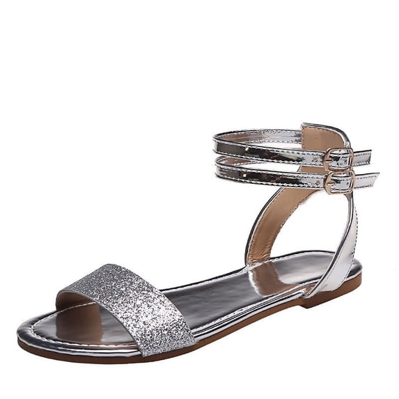 ZTTD Fashion Summer Women Sandals Flat Bottom Light Open Toe Ankle Buckle Solid Color Shiny Comfortable Casual Style Silver