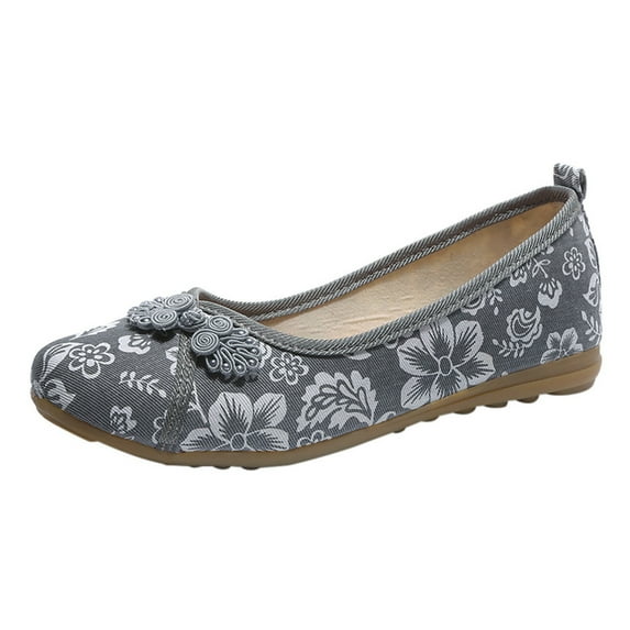 ZTTD Floral Print Button Decor Ballet Flats for Women Slip On Shallow Mouth Simple Single Shoes Casual Shoes Work Shoes Gray