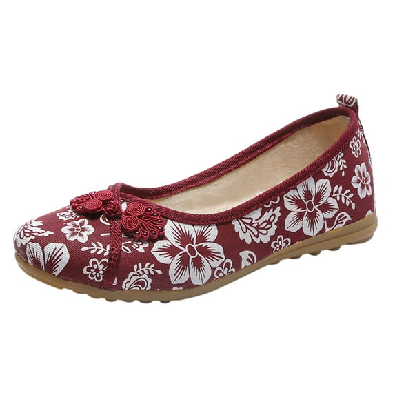 ZTTD Floral Print Button Decor Ballet Flats for Women Slip On Shallow Mouth Simple Single Shoes Casual Shoes Work Shoes Red