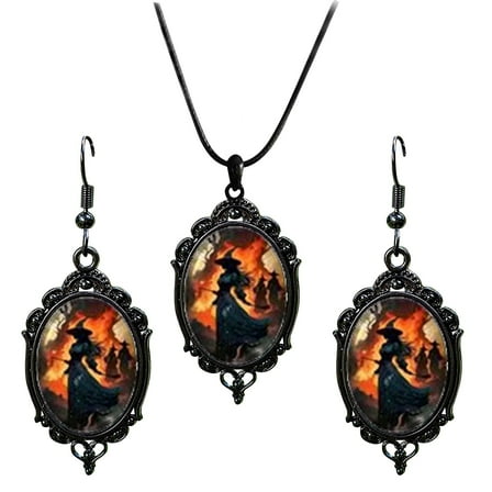 ZTTD Halloween Moon Magic Necklace Earrings Set for Women Forest Cameo Earrings Vintage Victorian Crystal Gem Crow Necklace Halloween Vampire Mystic Witch Costumes Jewelry Set Gifts