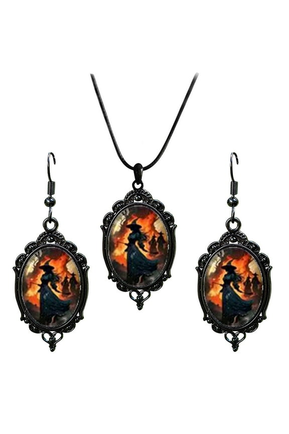 Halloween Moon Magic Necklace Earrings Set for Women Forest Cameo Earrings Vintage Victorian Crystal Gem Crow Necklace Halloween Vampire Mystic Witch Costumes Jewelry Set Gifts