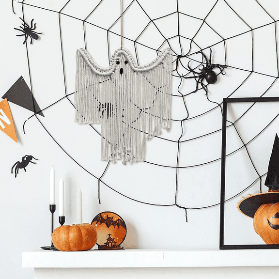 ZTTD Halloween Party Macrame Wall Hangings, Handmade Boho Witchy Spooky Holiday Indoor Outdoor Decor for Haunted House, Entryway, Fireplace, Porch (White, 15x24inch)