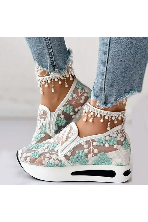 Ladies Fashion Breathable Lace Mesh Flower Embroidery Round Head Thick Bottom Comfortable Casual Shoes