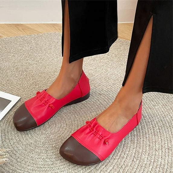 ZTTD Ladies Fashion Color Blocking Leather Shallow Comfort Soft Sole Flat Casual Shoes
