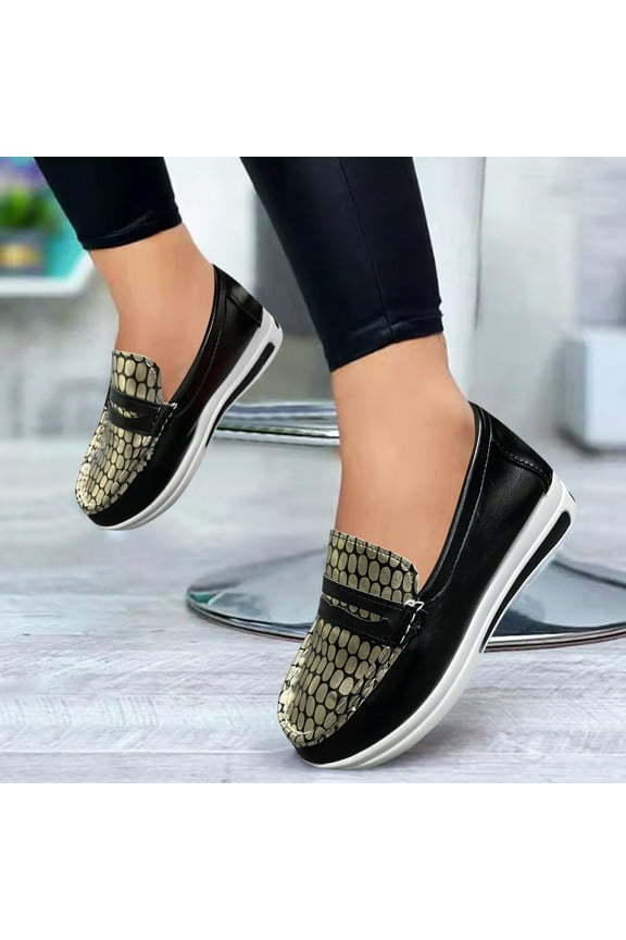 Ladies Fashion Leather Round Toe Low Top Overfoot Thick Sole Casual Shoes