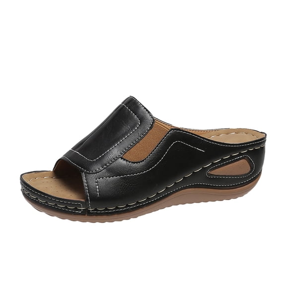 ZTTD Ladies Fashion Solid Color Leather Open Toe Wedge Heel Platform Casual Sandals Women's Slipper A